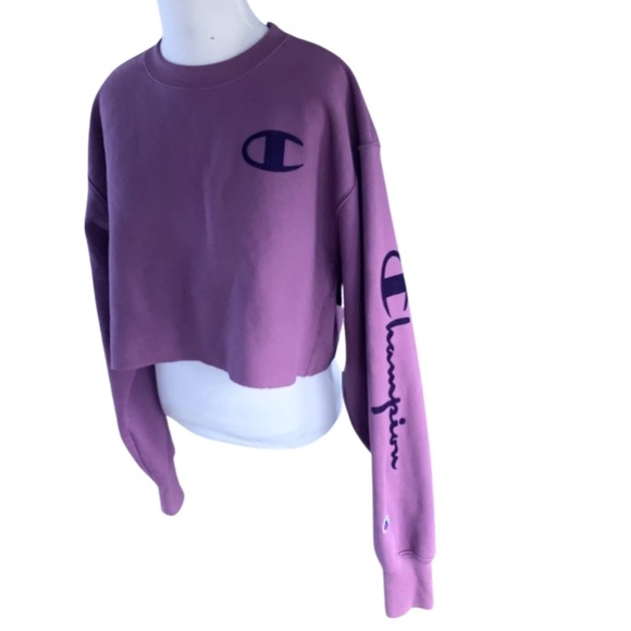 Champion Plum Fleece Reverse Weave C Logo Crop Crewneck Drop Shoulder Sweatshirt - Picture 7 of 16